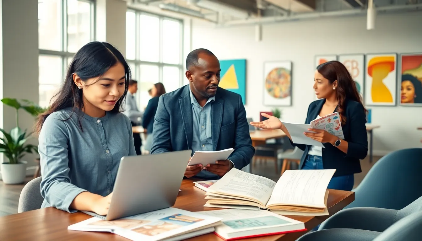 diverse group of authors collaborating in a modern co-working space.