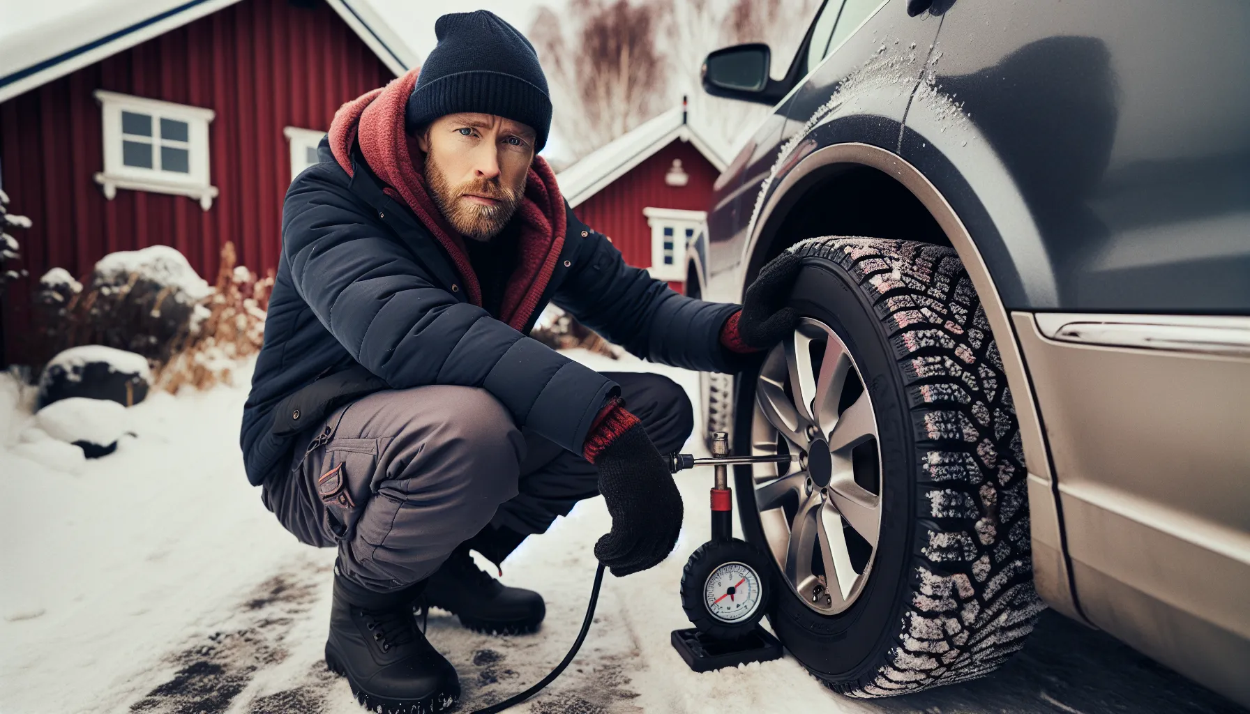 Slik klargjør du bilen for vinteren 1 Norwegian driver checks winter tire tread and pressure beside a snowy car.