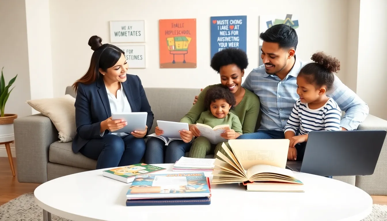 diverse family engaging in a homeschooling session in a modern living room.