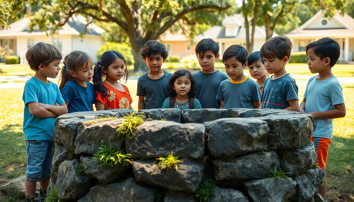children debating around a well, contemplating moral choices.