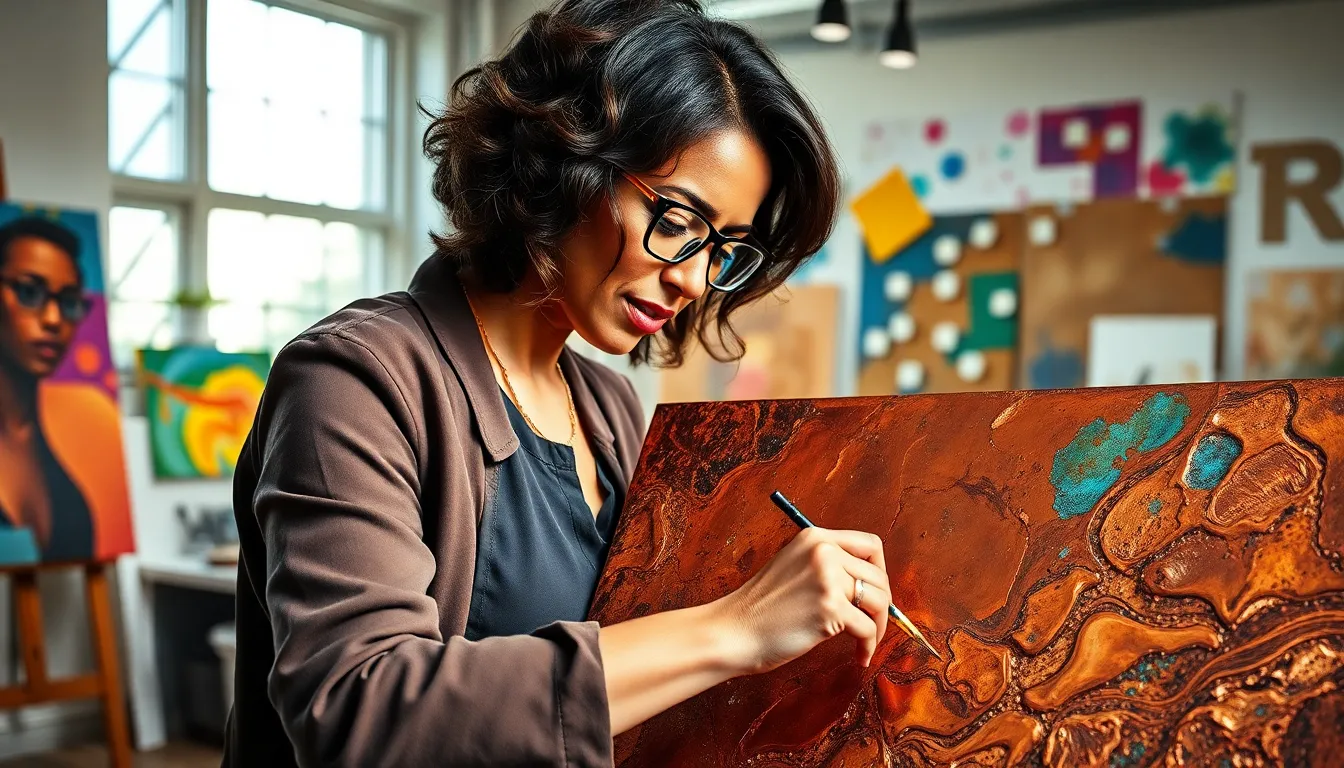 artist creating a copper canvas artwork in a modern studio.
