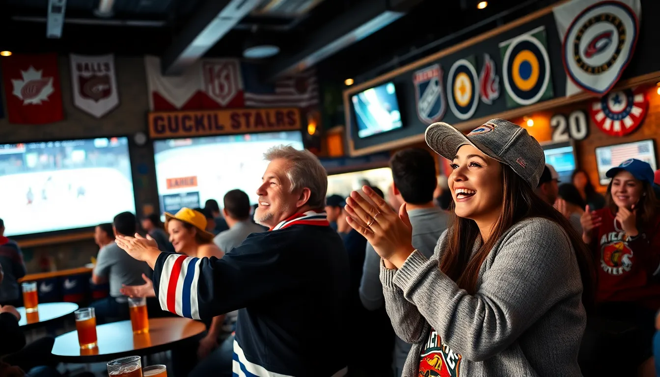 Fans celebrating while watching a hockey game in a lively sports bar.