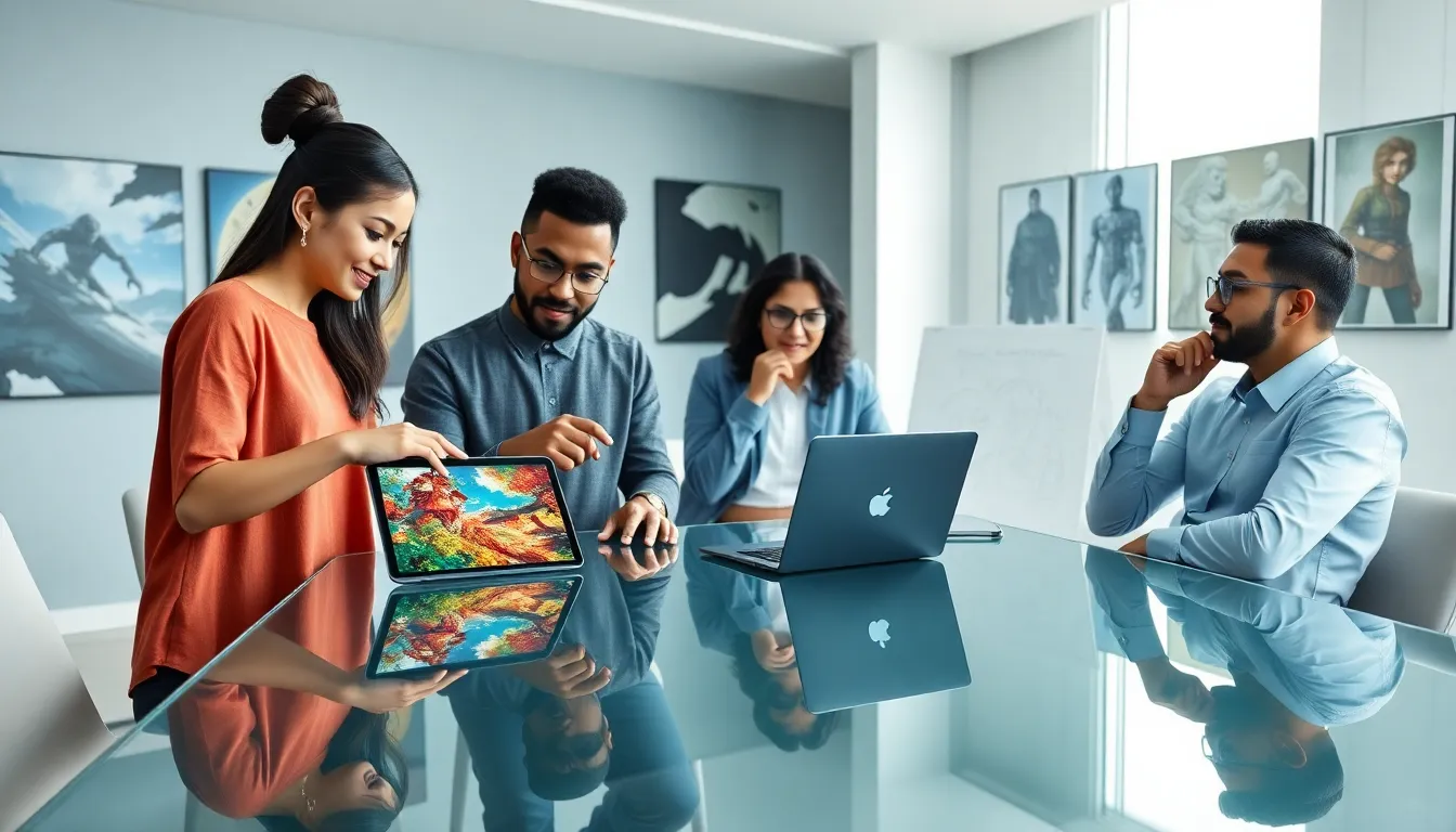 diverse team of developers brainstorming in a modern office setting.
