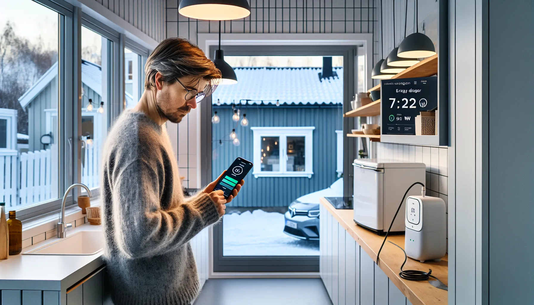 Homeowner monitors real-time electricity use on phone beside ams smart meter.