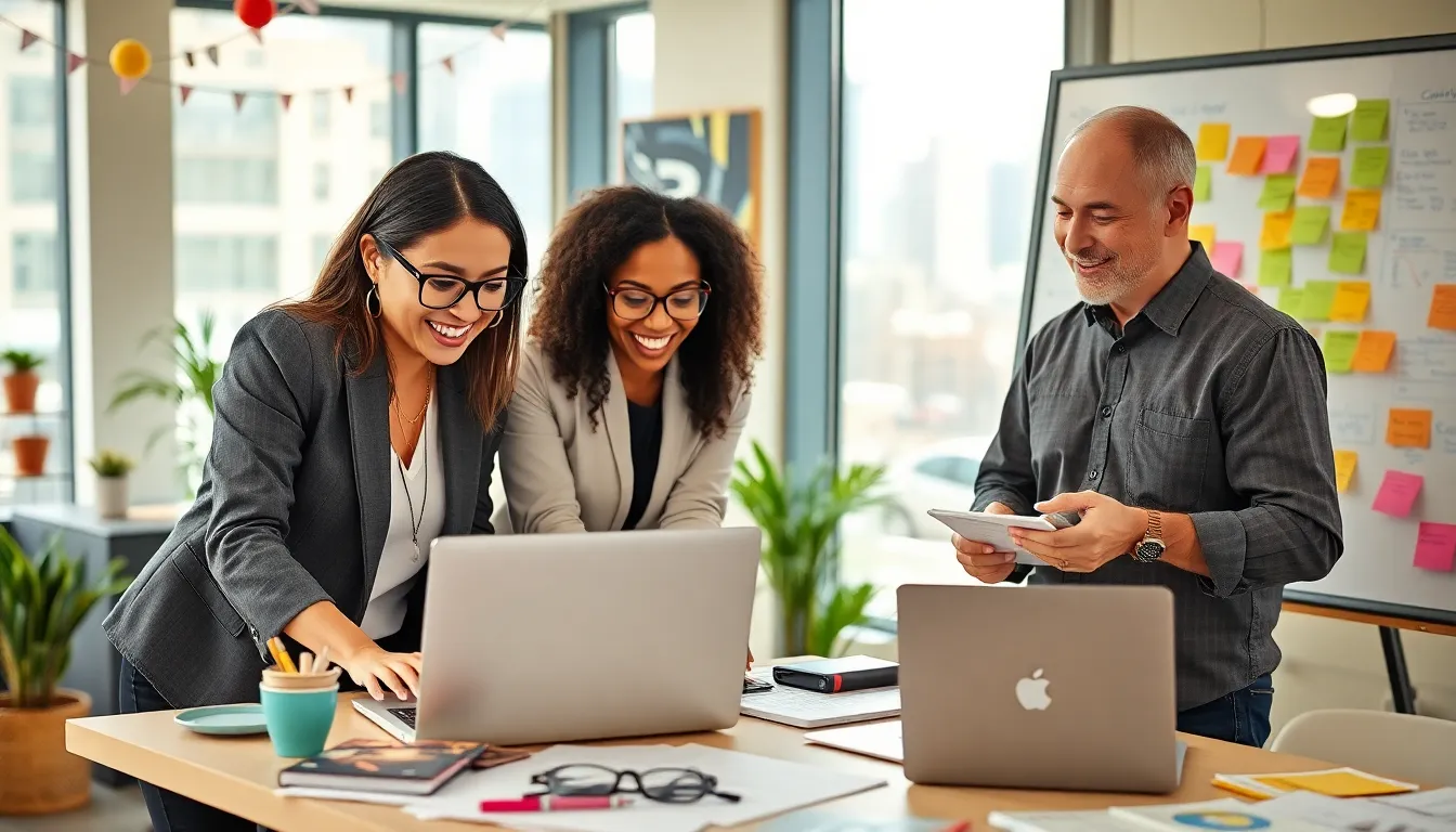 event planners collaborating in a bright urban workspace with a laptop.