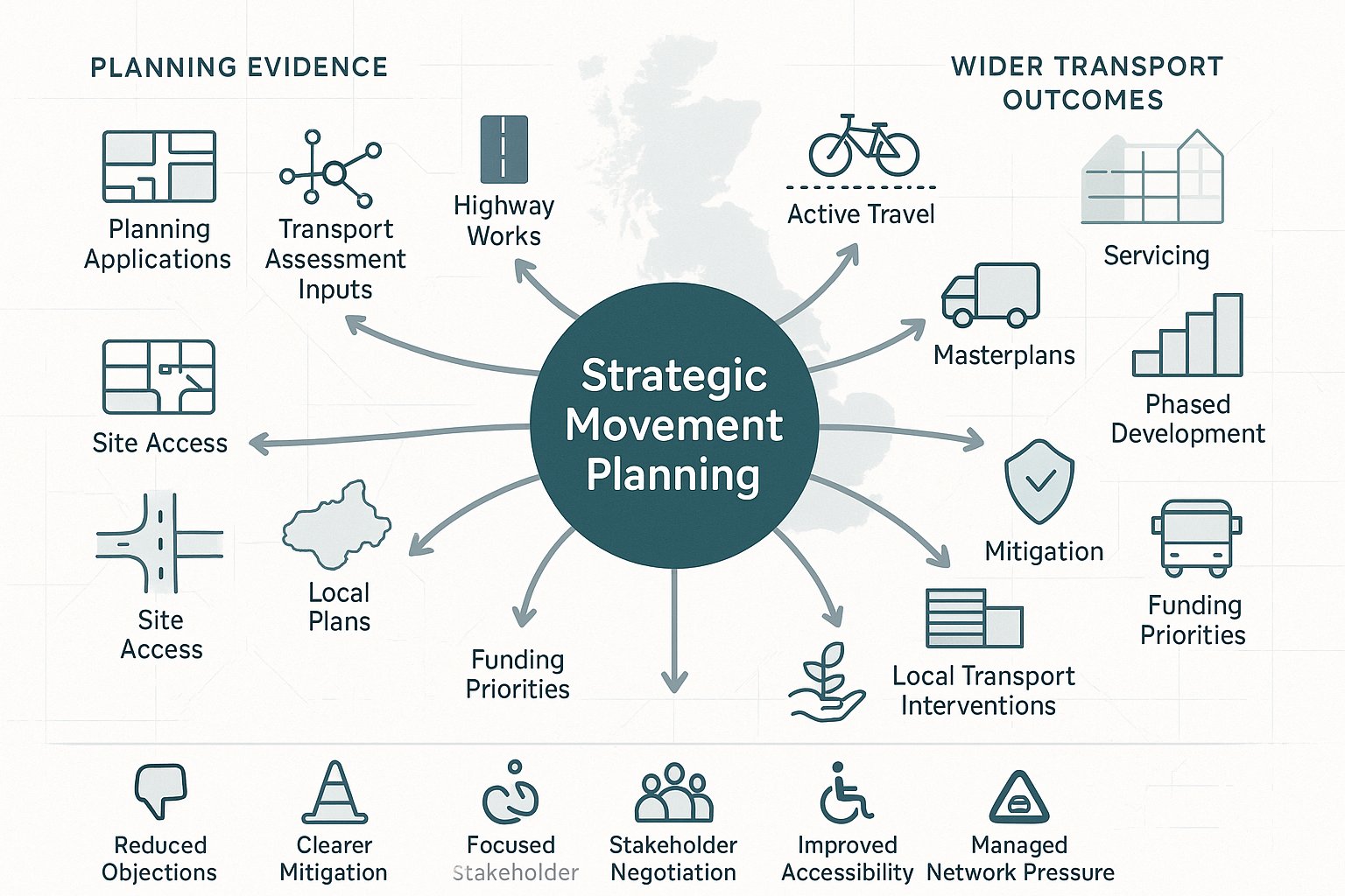 Infographic showing area movement strategy linking planning evidence to wider transport goals.
