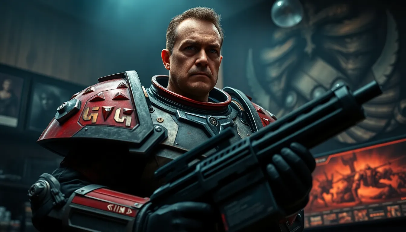 A Gate Daemonhunter in power armor stands in an immersive Warhammer gaming room.