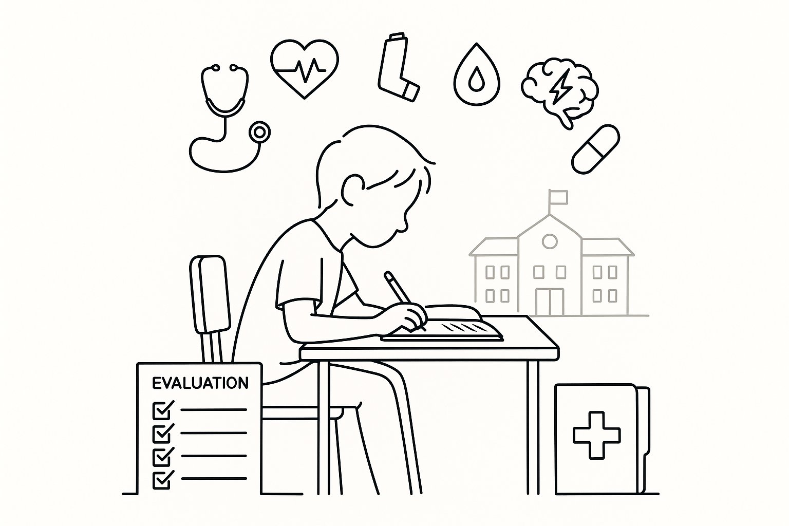 Student at a desk with medical icons and an evaluation checklist nearby. - OHI in Special Education A Practical Guide to Other Health Impairment Eligibility and Supports 2026