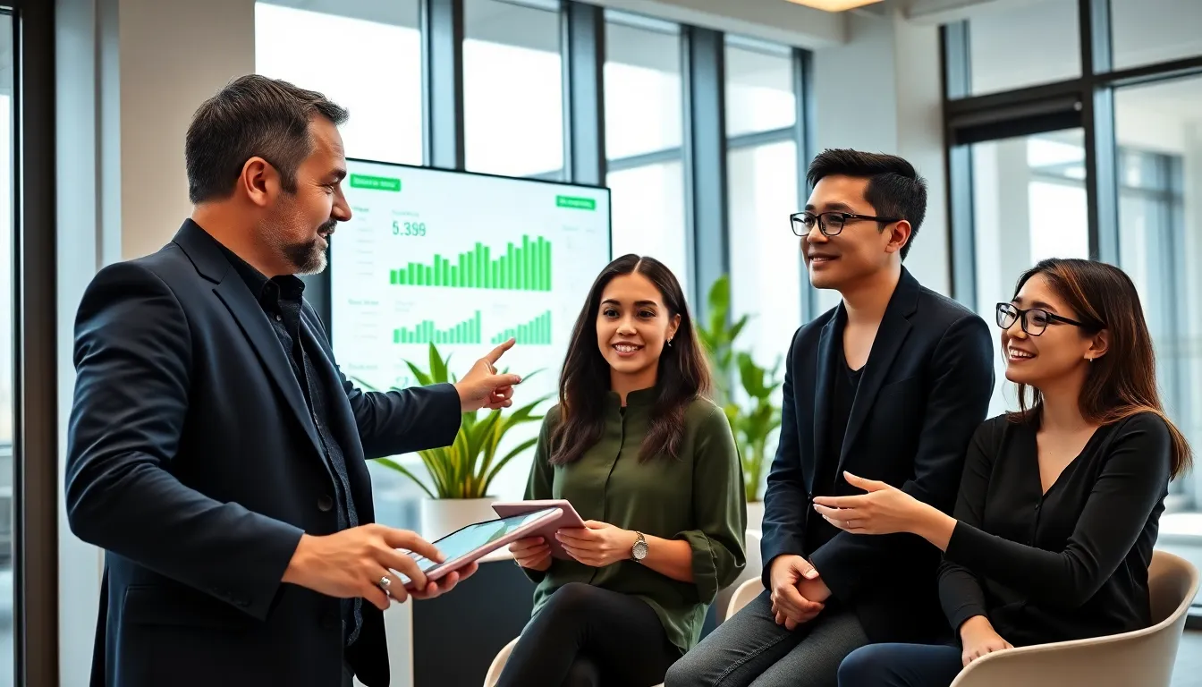 three professionals discussing energy management in a modern office.