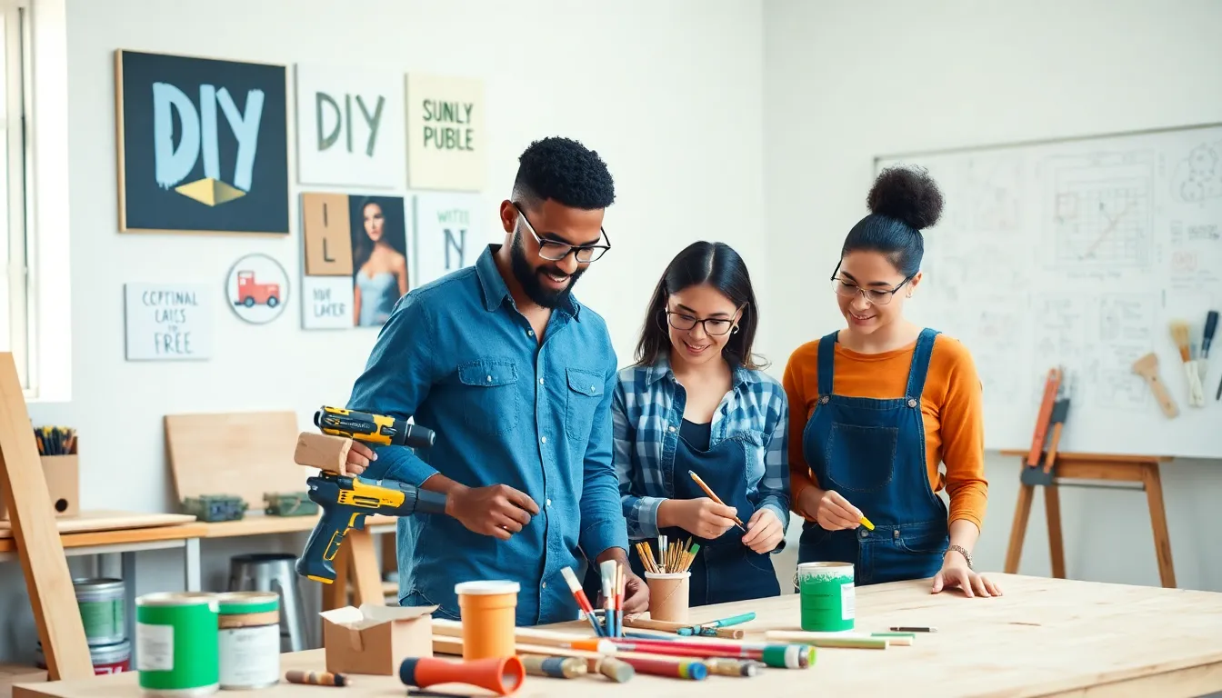 diverse group of beginners working on DIY home projects in a bright workshop.