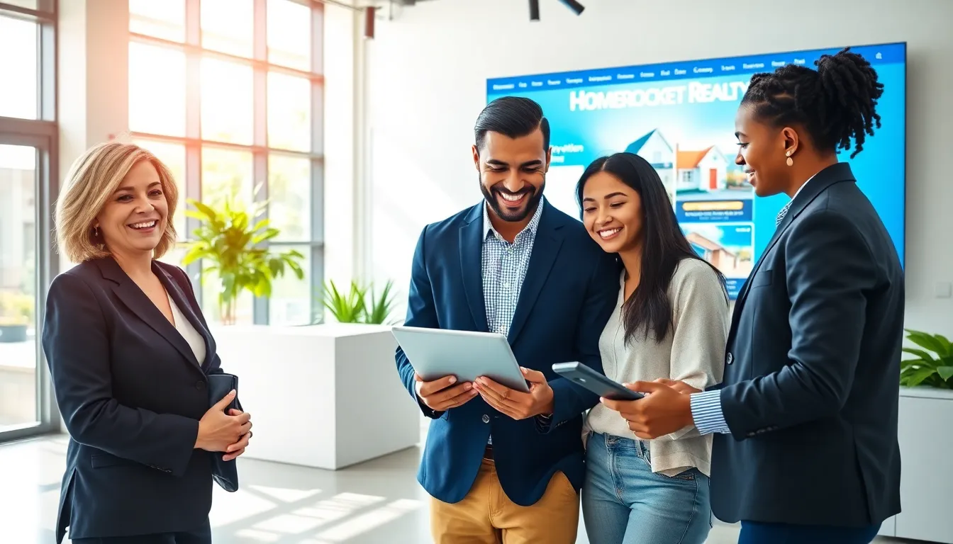 a modern real estate office with a diverse couple consulting an agent.