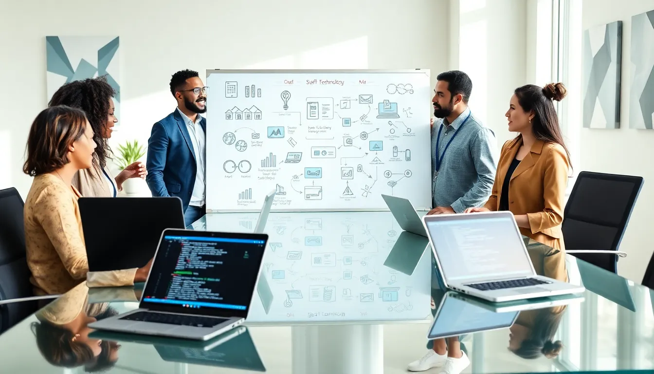 diverse team discussing software technology in a modern office.