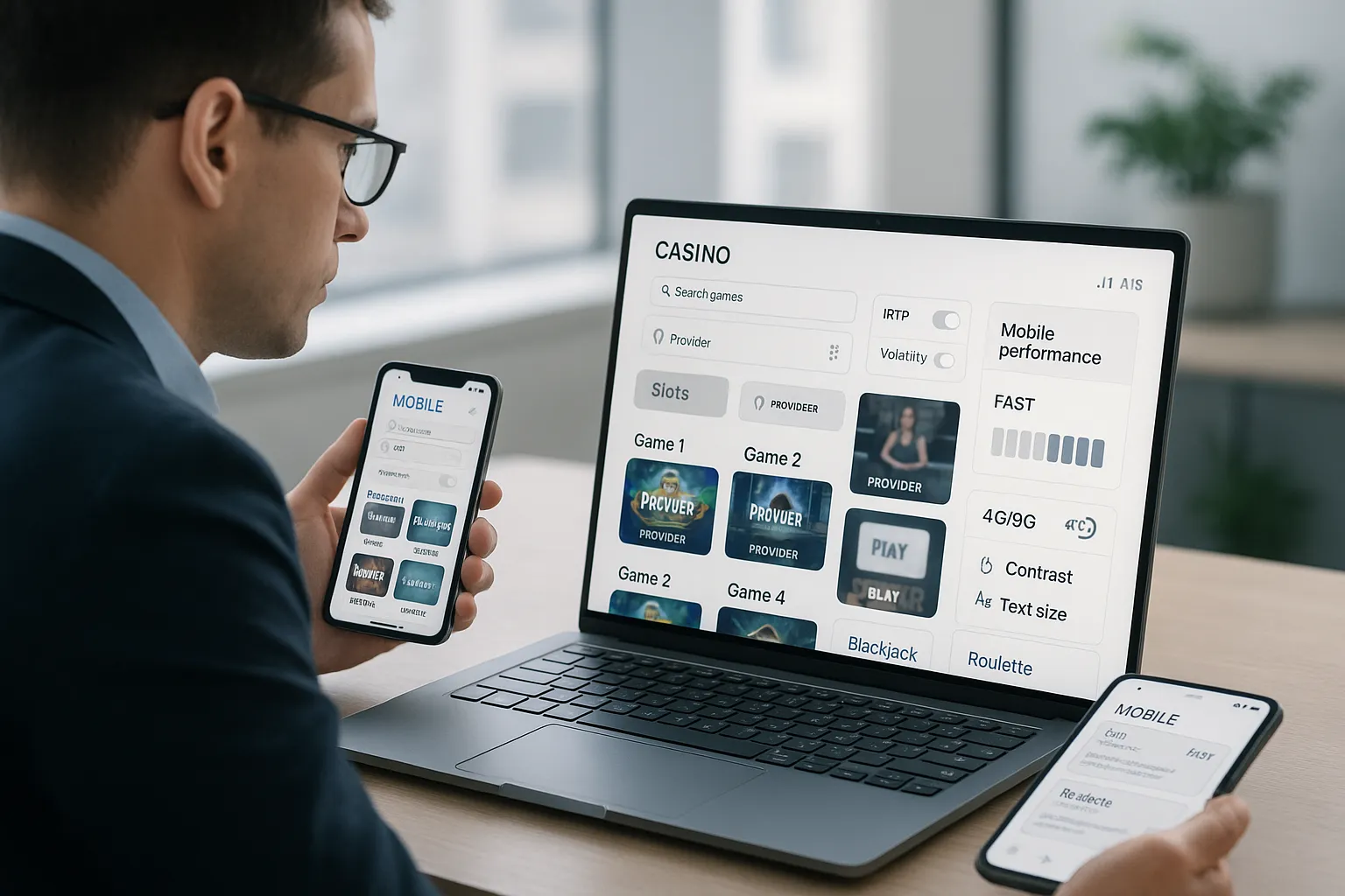 Professional reviews casino game library and mobile UX on laptop and phone.