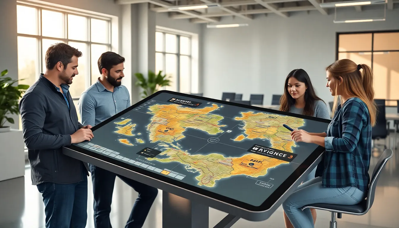 diverse team collaborating on Crusader Kings II strategy in a modern office.