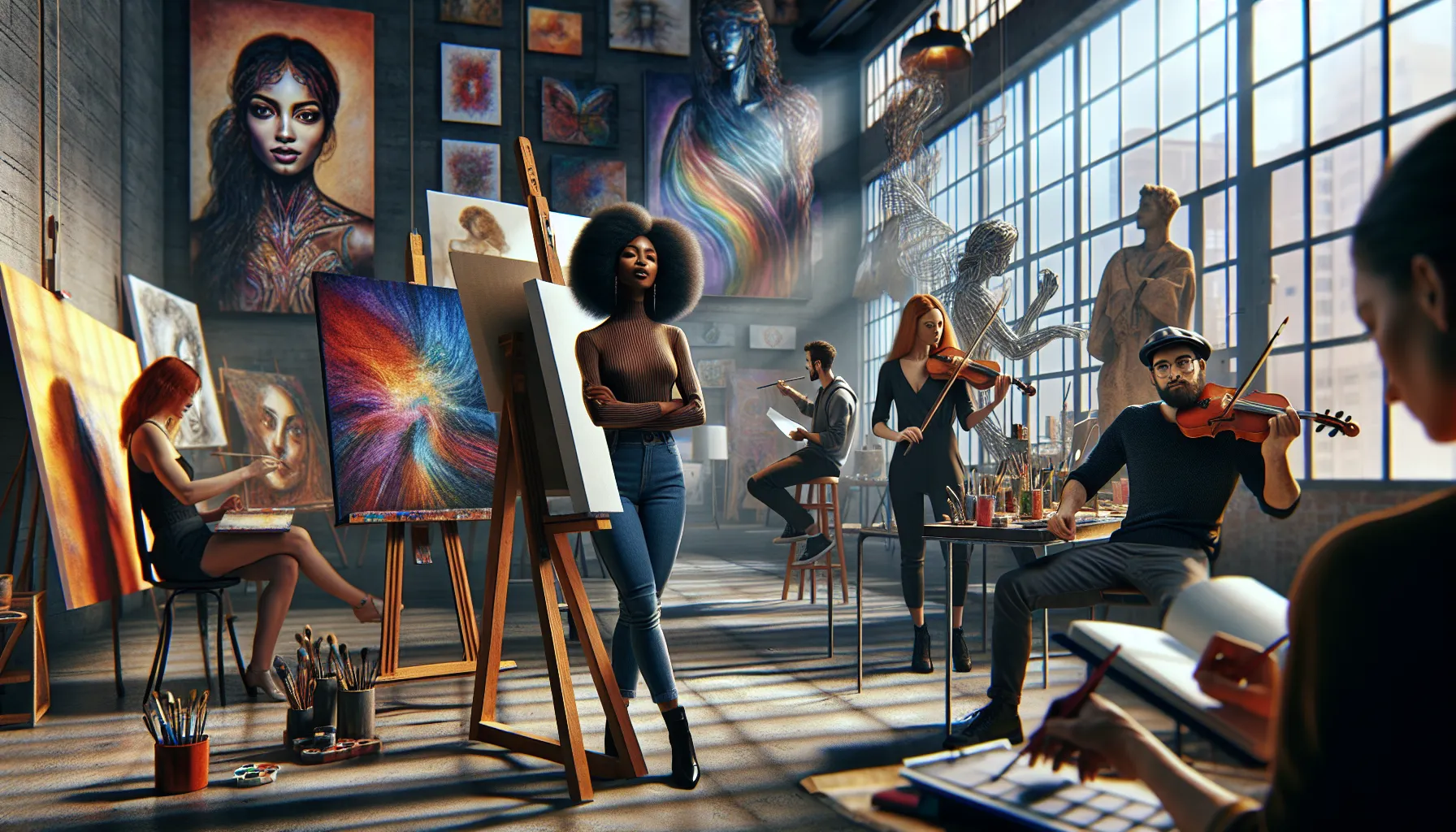 diverse artists creating collaborative conceptual artworks in a modern studio.