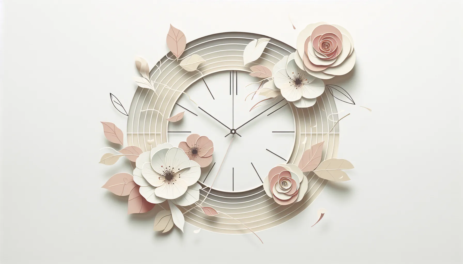 A minimalist clock surrounded by floating flower petals on white background.