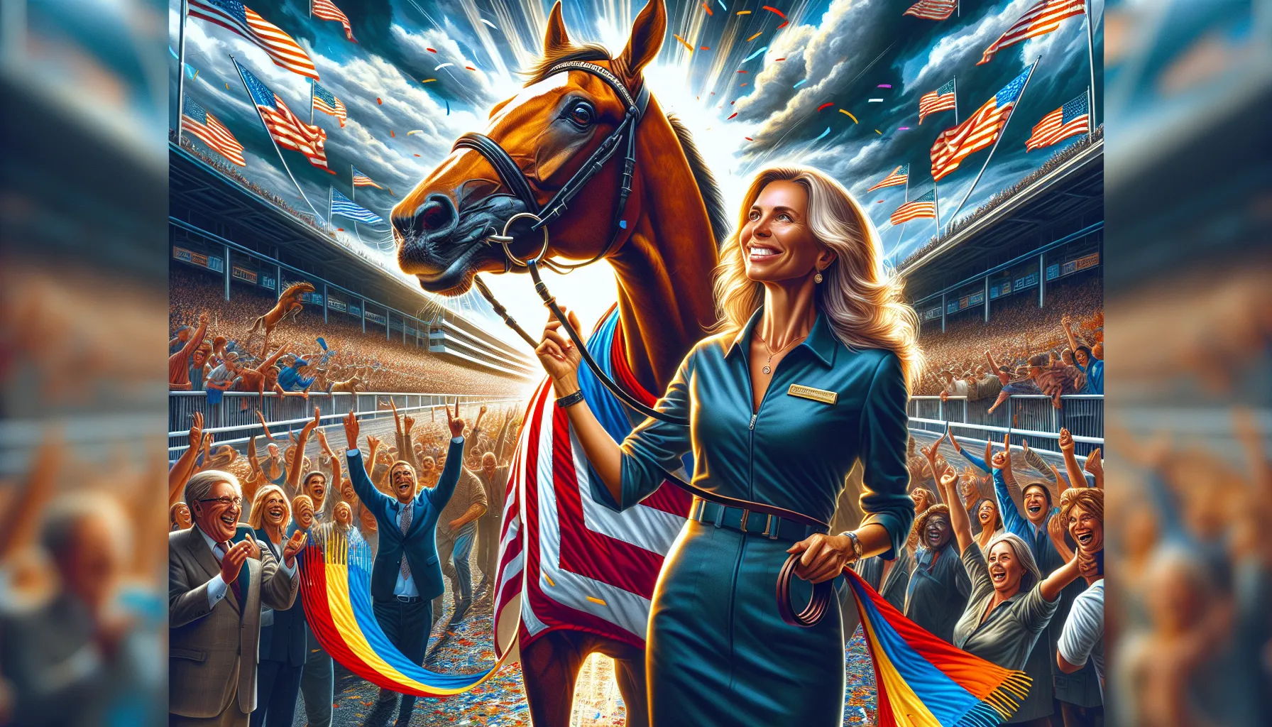 Trainer and winning horse celebrate victory at a racetrack.