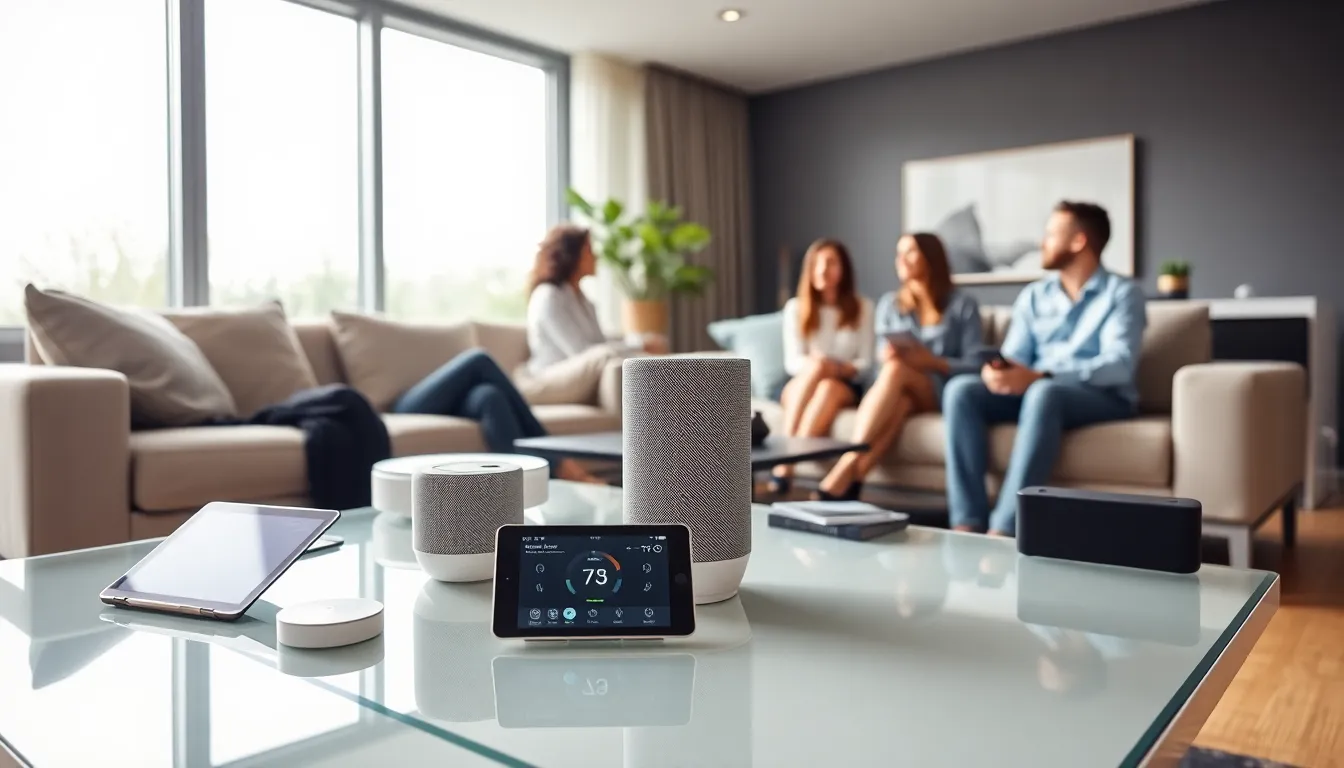 modern living room with smart home devices and diverse professionals.