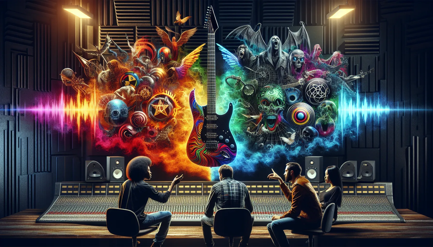 collage of musicians surrounded by electric guitar and metal band logos.