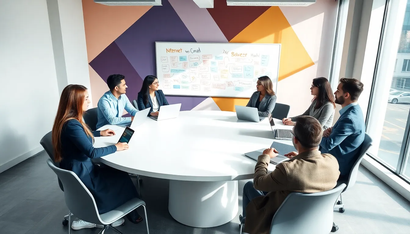 diverse professionals collaborating in a modern workspace.