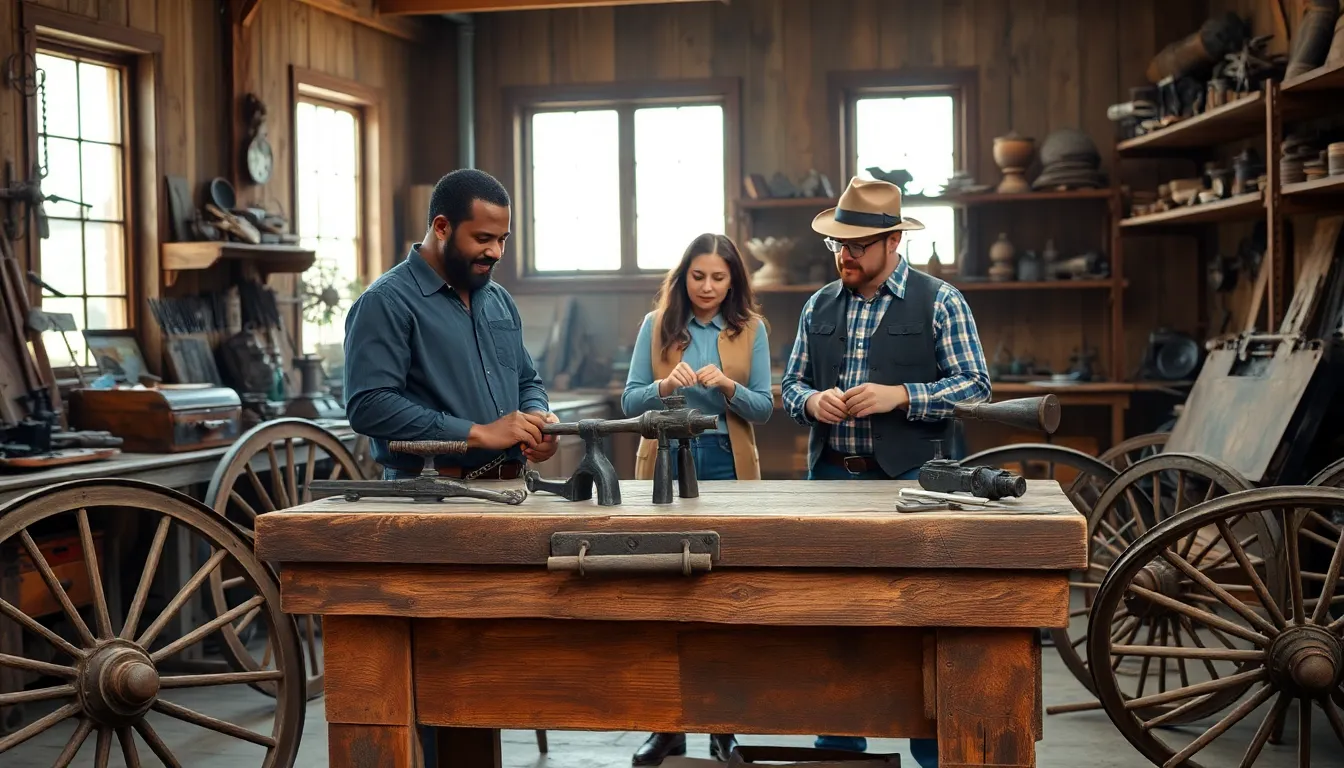 a rustic workshop featuring antique Wild West hardware and diverse craftsmen.