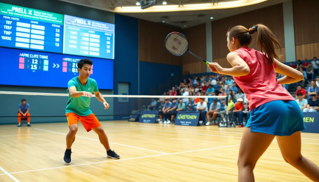 two players engaged in an intense badminton match.