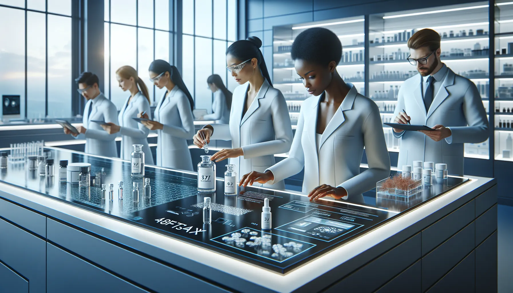 scientists analyzing the 48Ft3Ajx ingredient in a modern lab.