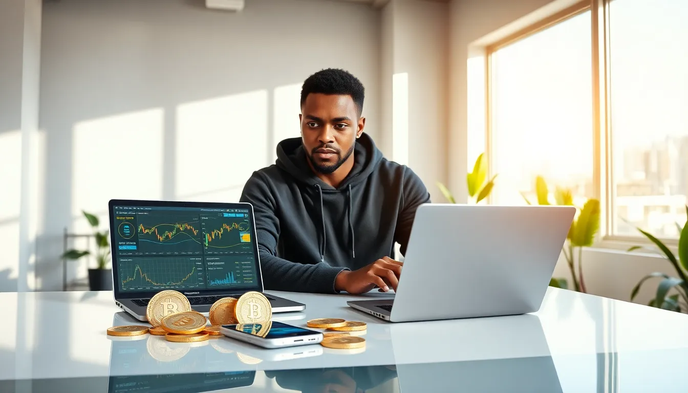 A young man analyzing cryptocurrency data on a laptop in a modern workspace.