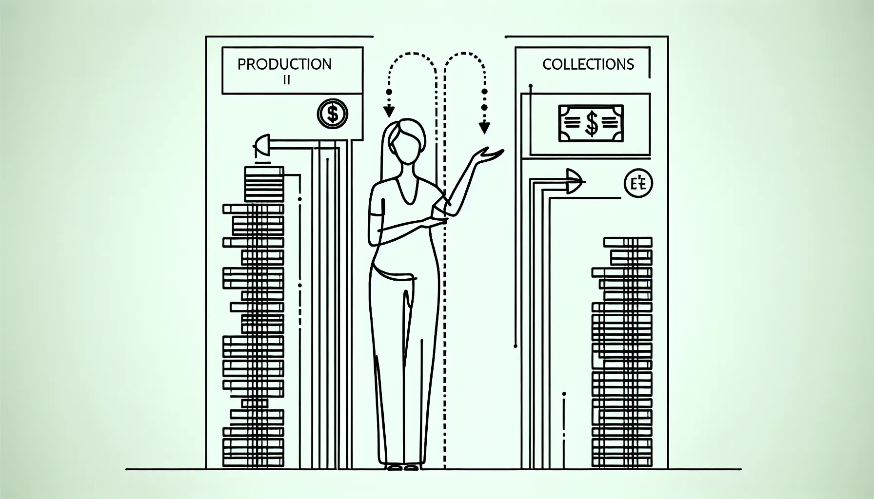 Dentist outlined beside taller billed column and shorter collected column, adjustment icons.