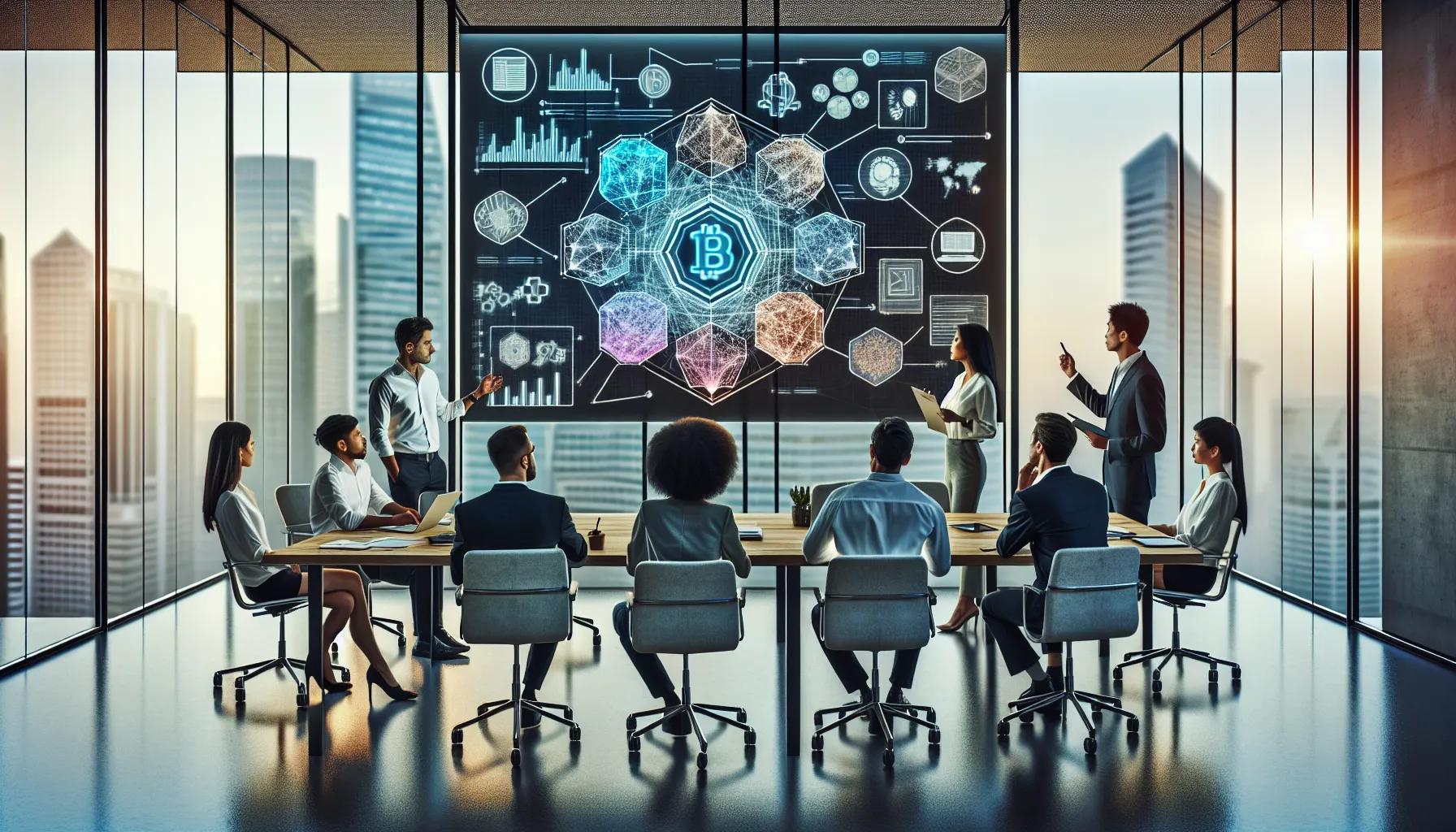 diverse team discussing blockchain technology in a modern workspace.