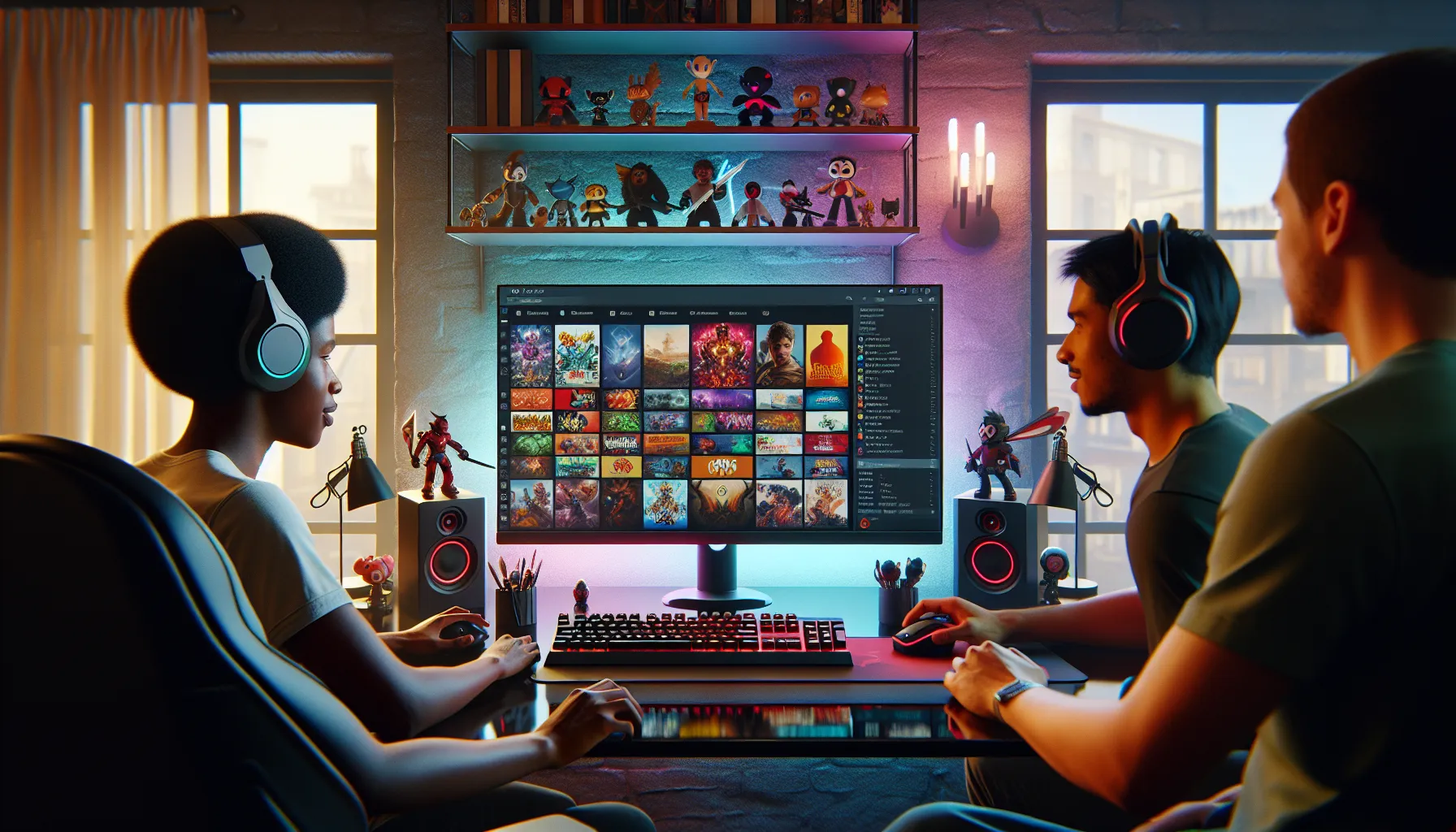 diverse gamers enjoying a Linux gaming setup in a modern workspace.