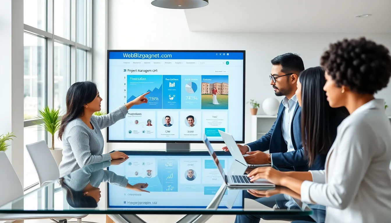 professionals collaborating in a modern office over Webbizmagnet.com software.