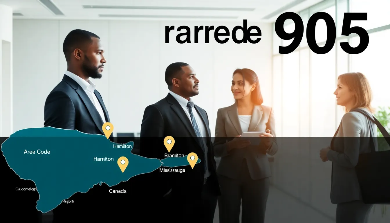 Infographic of area code 905 with professionals discussing telecommunications data.