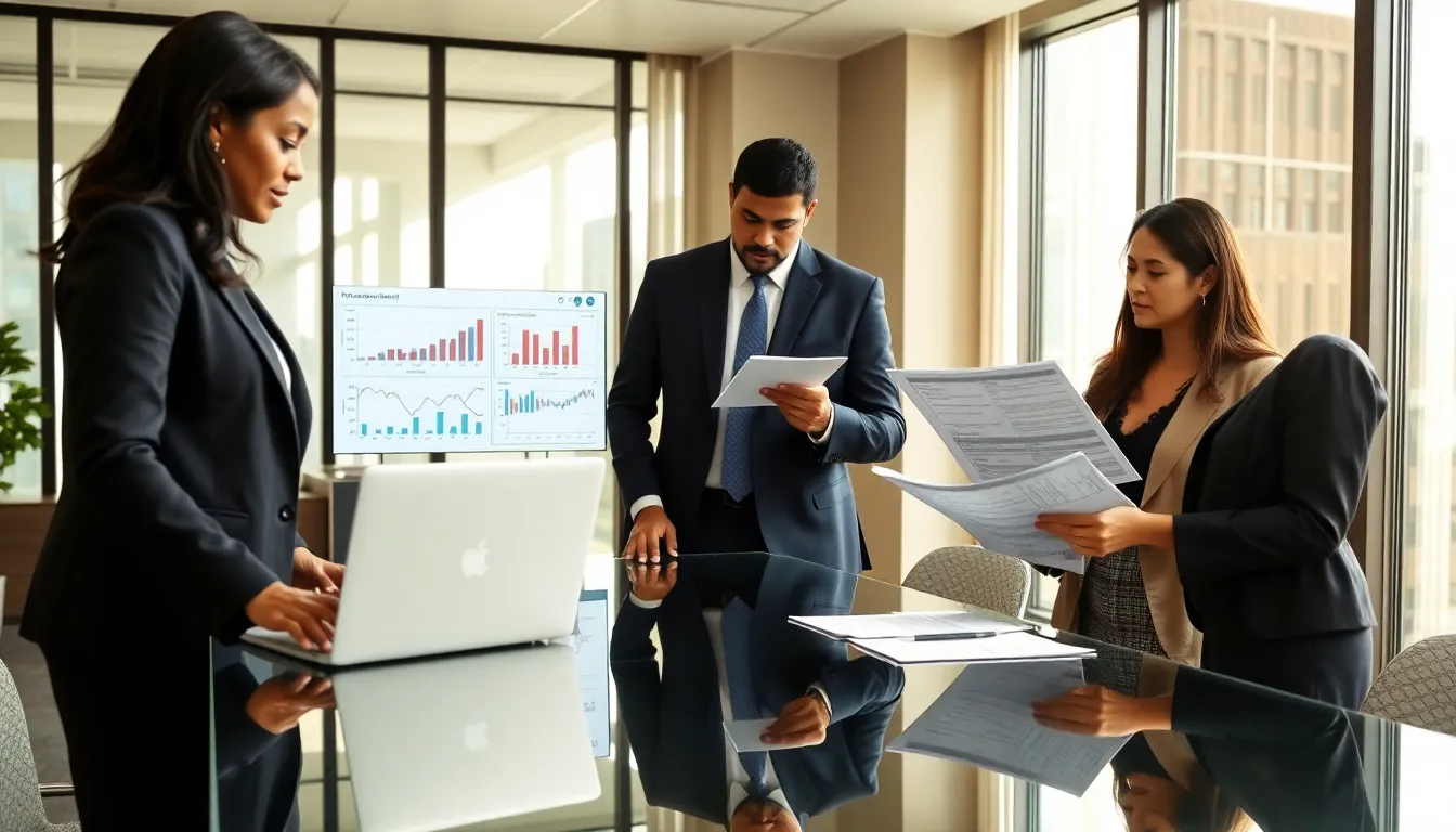 diverse team discussing financial strategies in a modern office.
