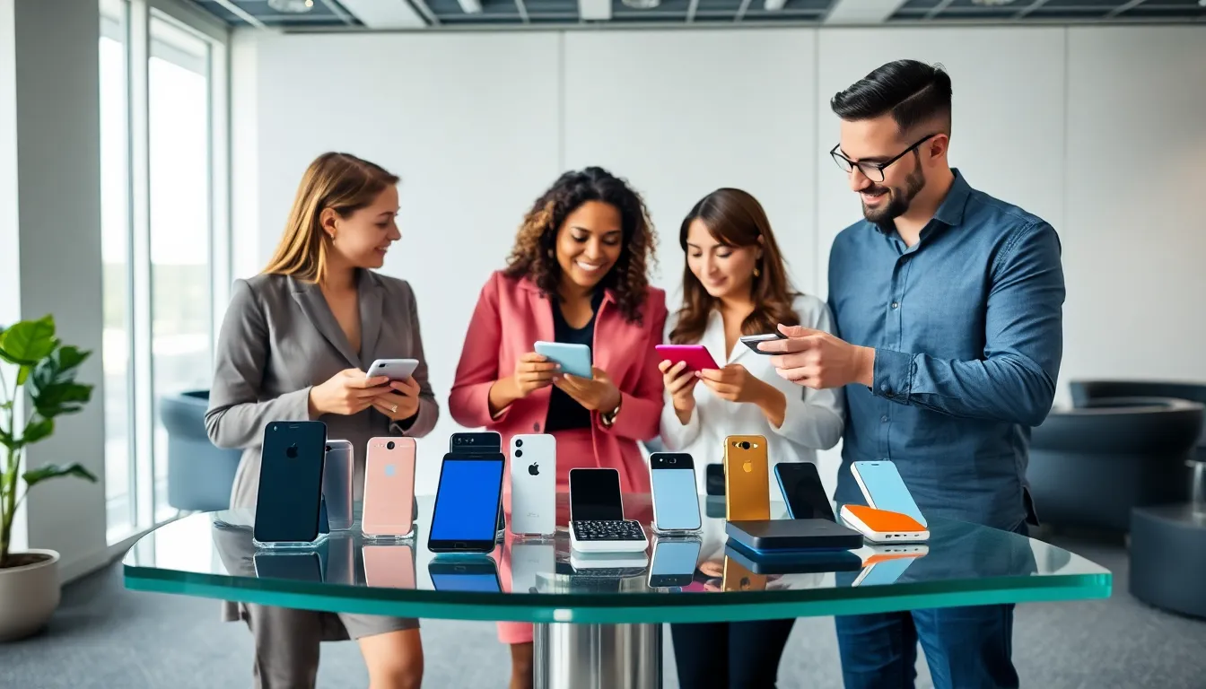 diverse professionals discussing tiny phones in a modern office.