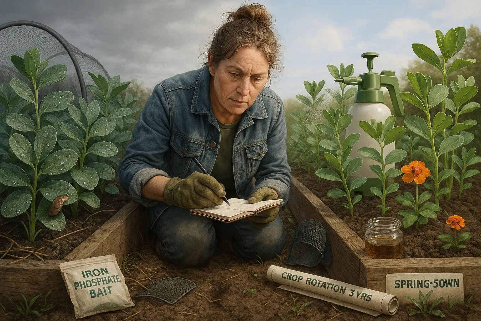 Gardener comparing autumn and spring broad bean beds, showing slugs and aphids.