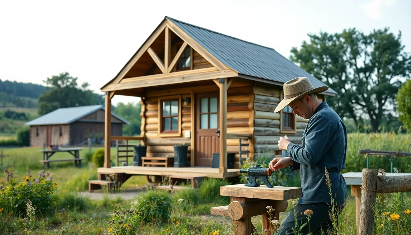 Amish craftsman working on a tiny home in a tranquil setting.