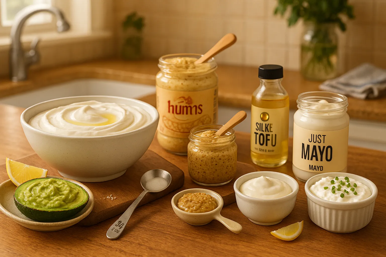 Bowls of Greek yogurt, avocado, hummus, mustard, tofu, vegan mayo, cottage cheese.
