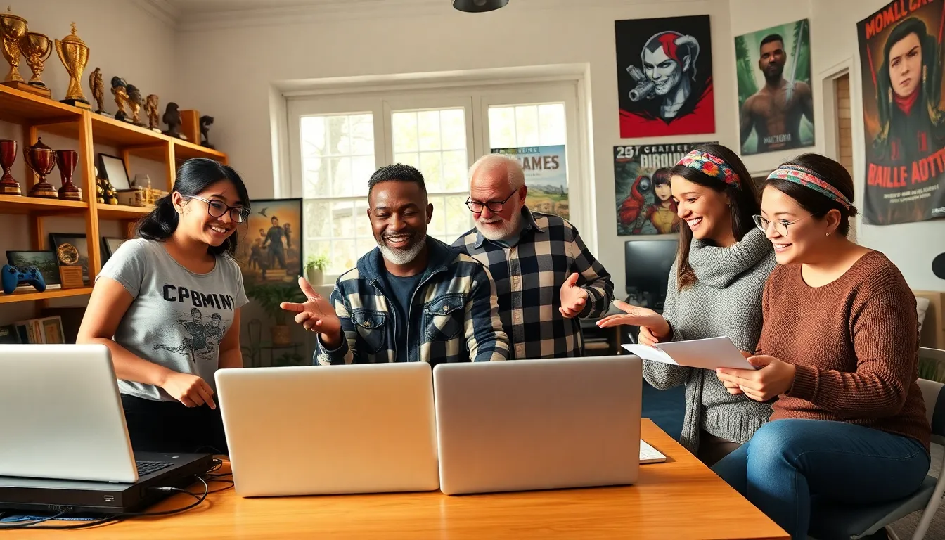 a diverse team of game writers collaborating in a creative workspace.
