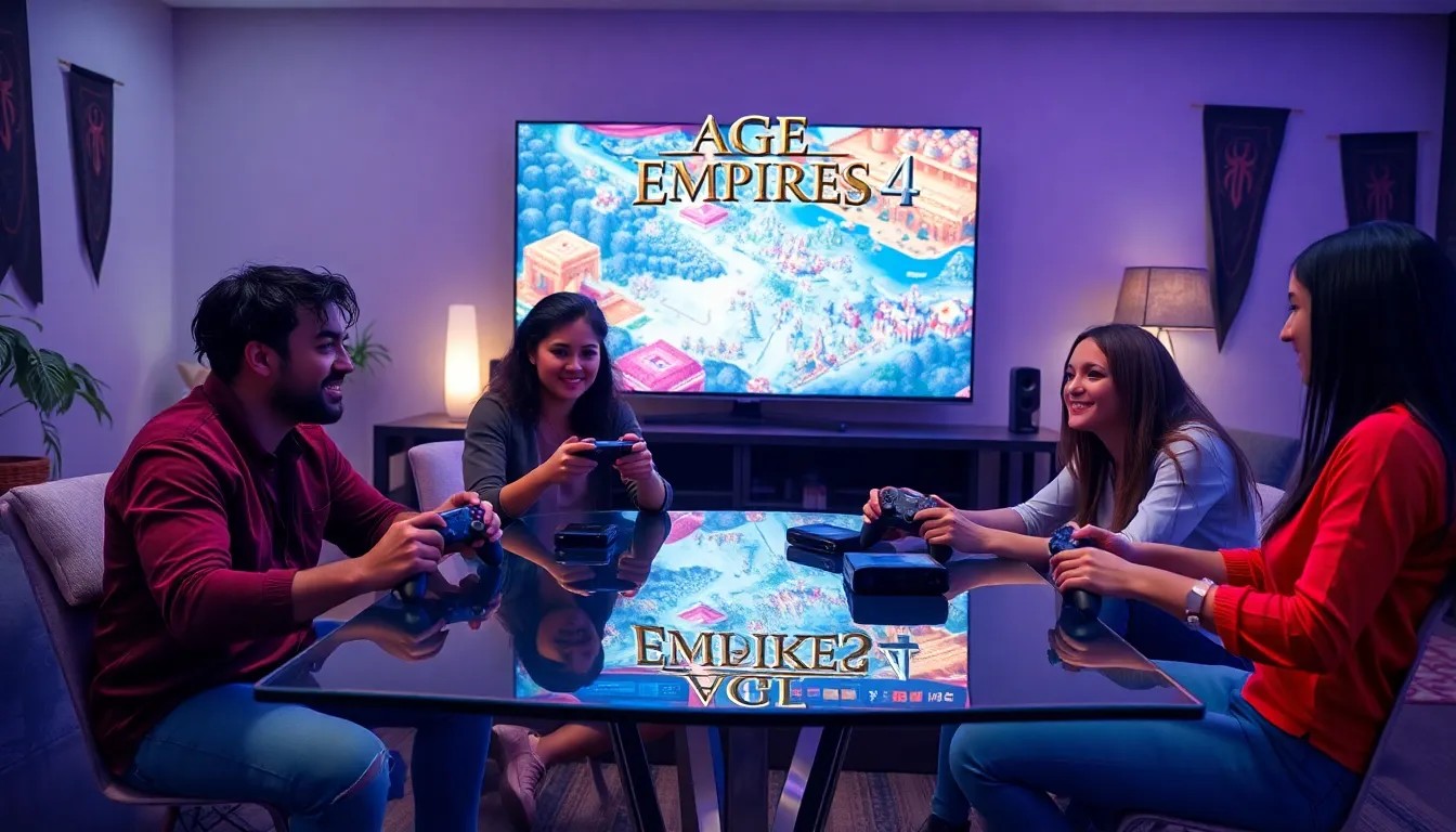 group playing Age of Empires 4 on Xbox in a gaming setup.