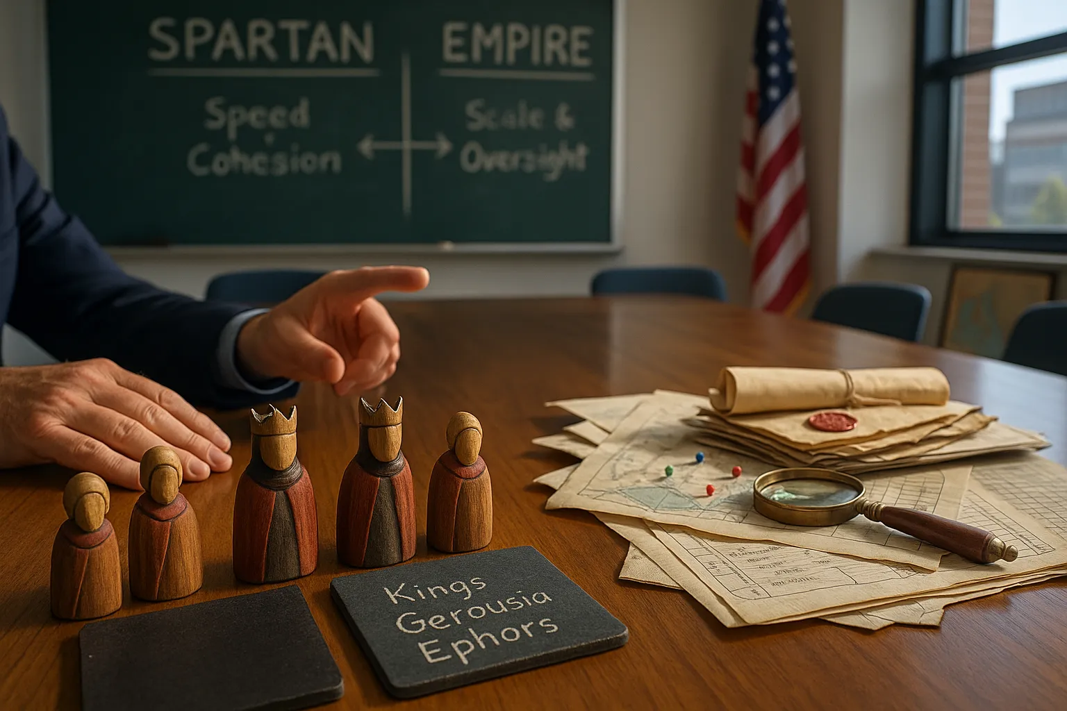 A table showing neat Spartan wooden figures beside messy imperial paperwork.