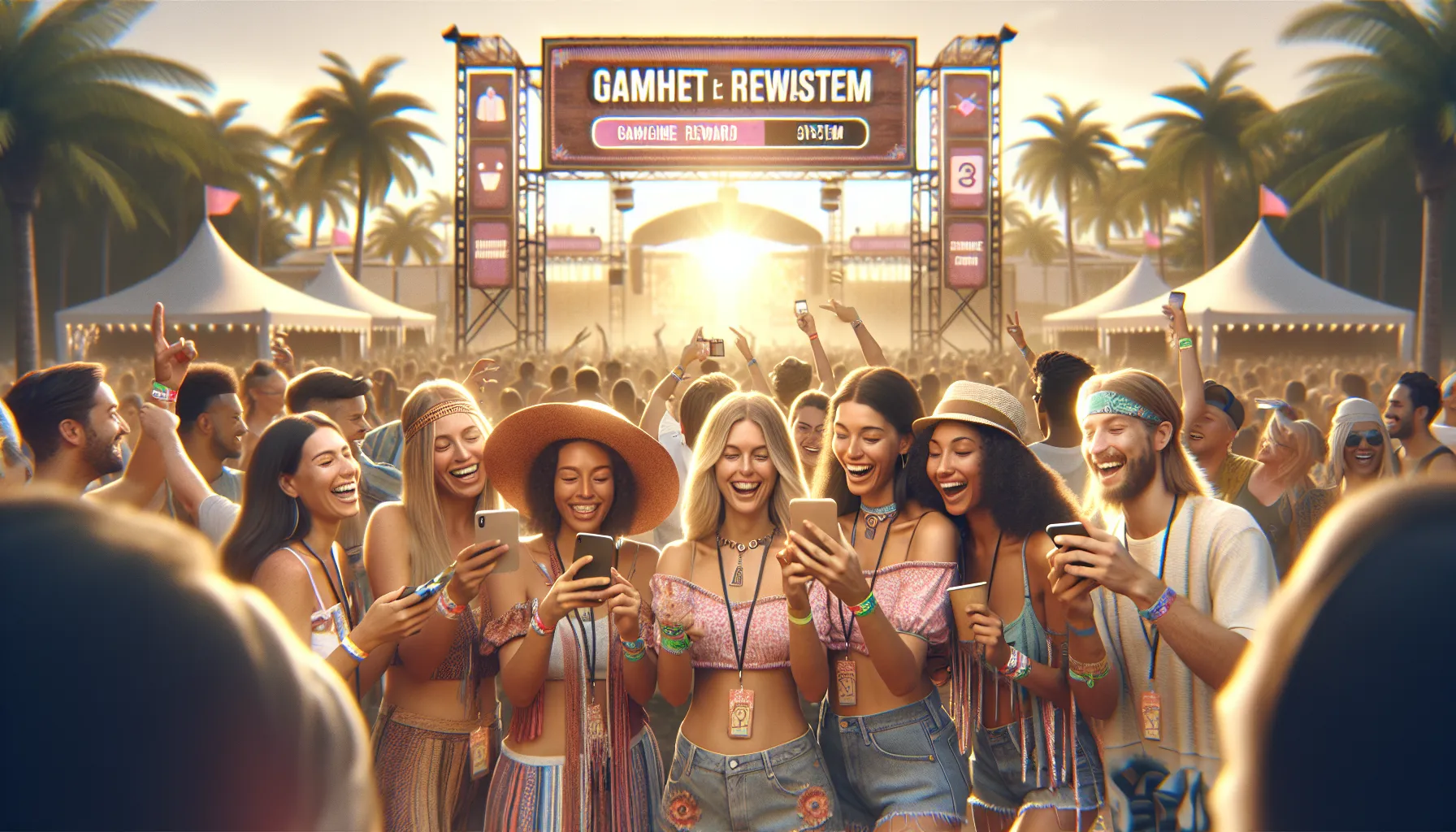 diverse festival-goers engaging with gamified ticket rewards.