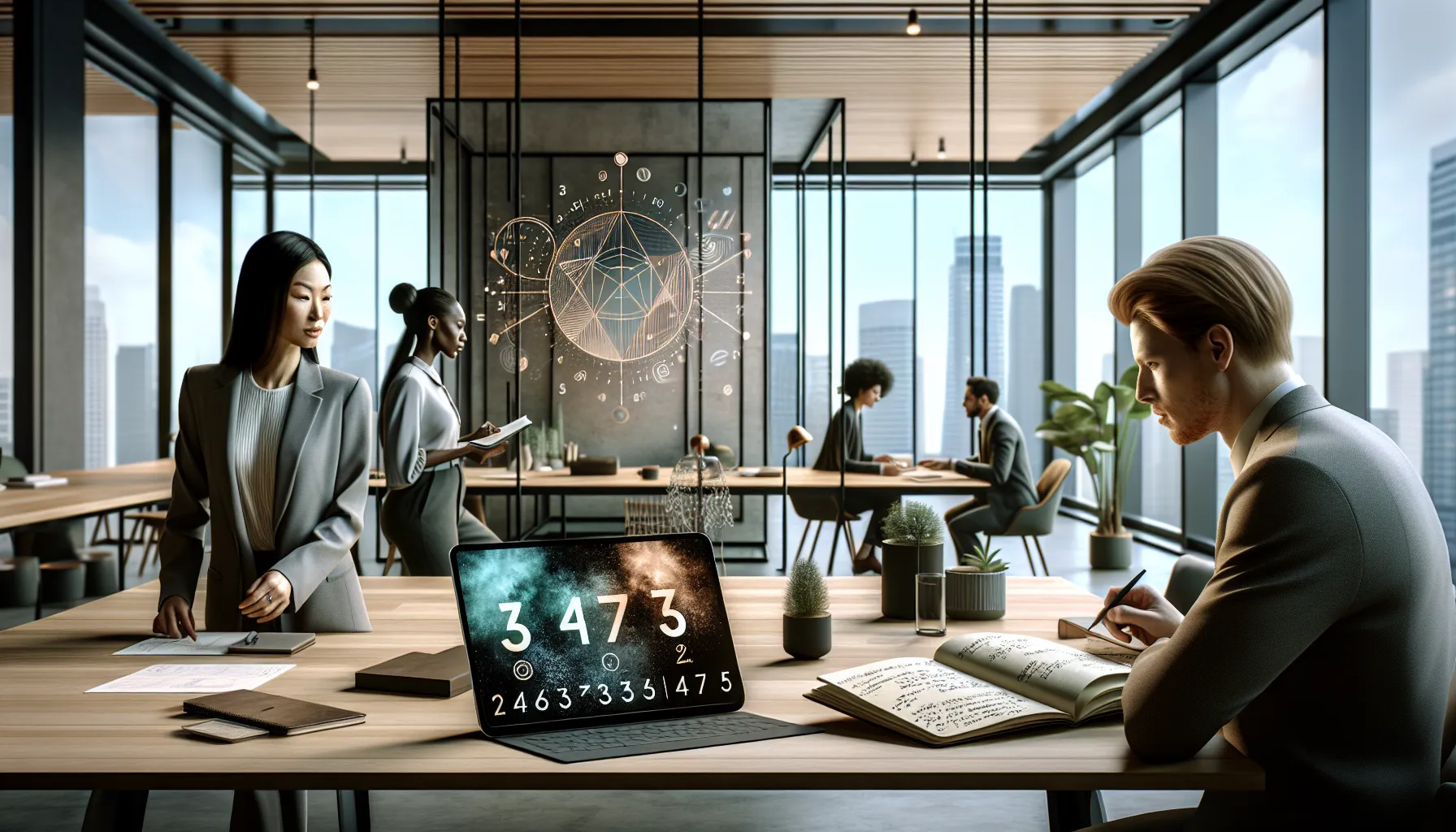 professionals discussing numerology insights in a modern office.