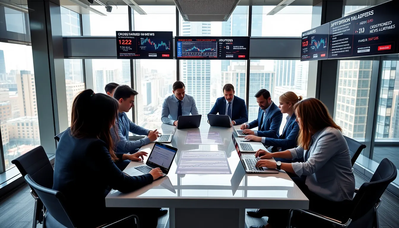 diverse professionals discussing XRP in a modern office.