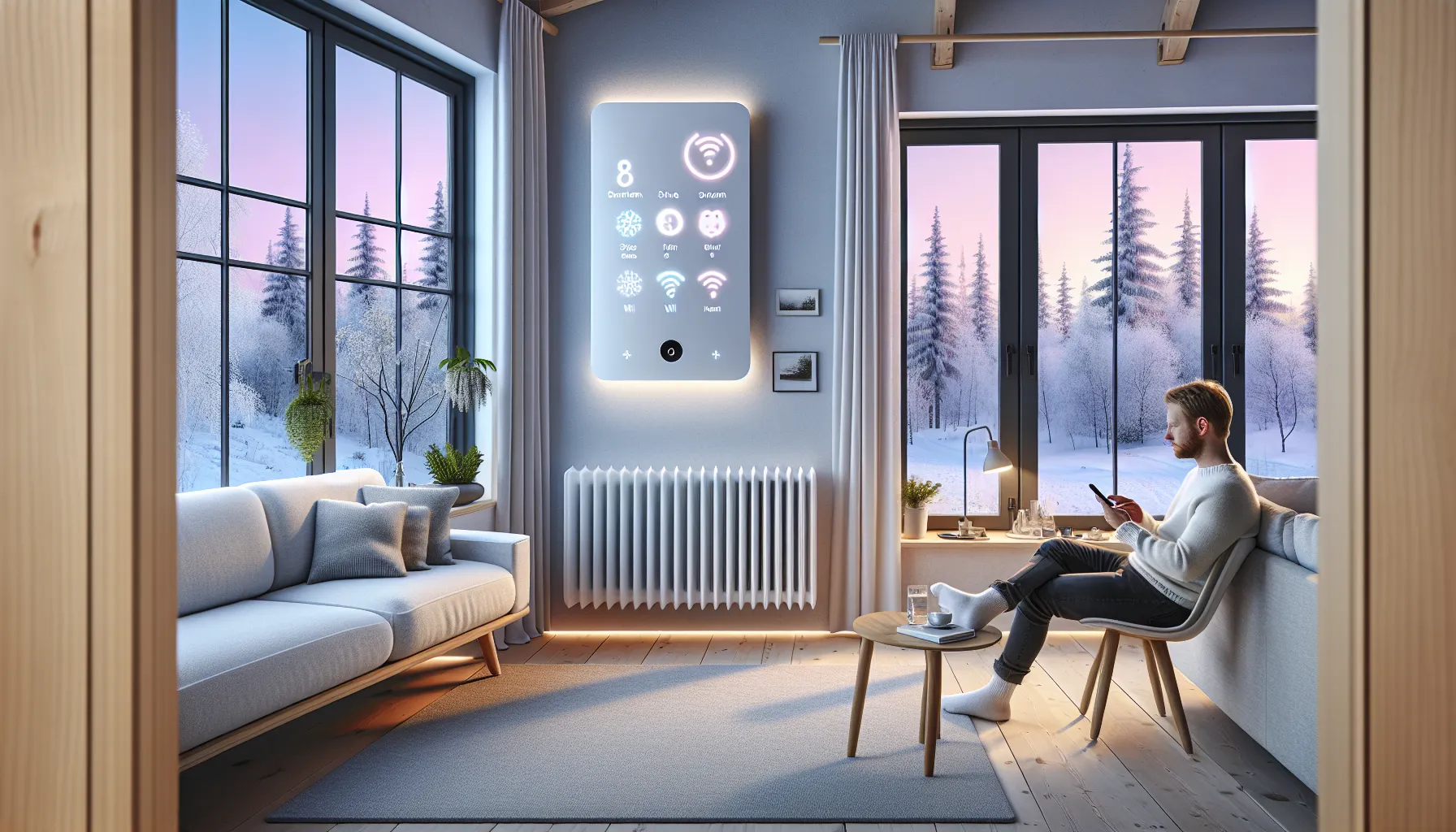 Modern norwegian living room with smart‑controlled panel heater under a window in winter.