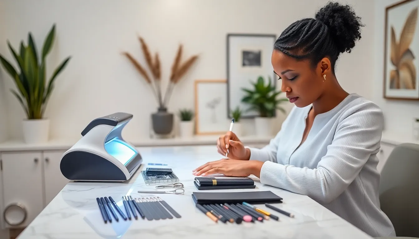 nail technician using tools in a modern salon setting.