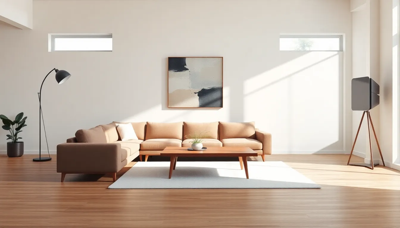 a minimalist mid-century modern living room with sleek furniture and natural light.