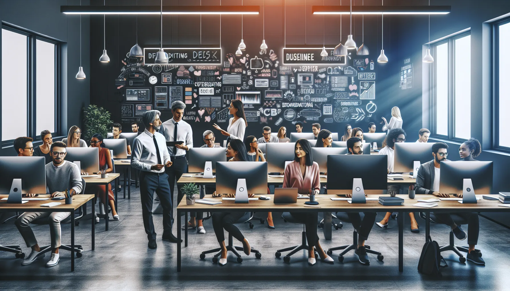 diverse learners engaging in a Photoshop course in a modern classroom.