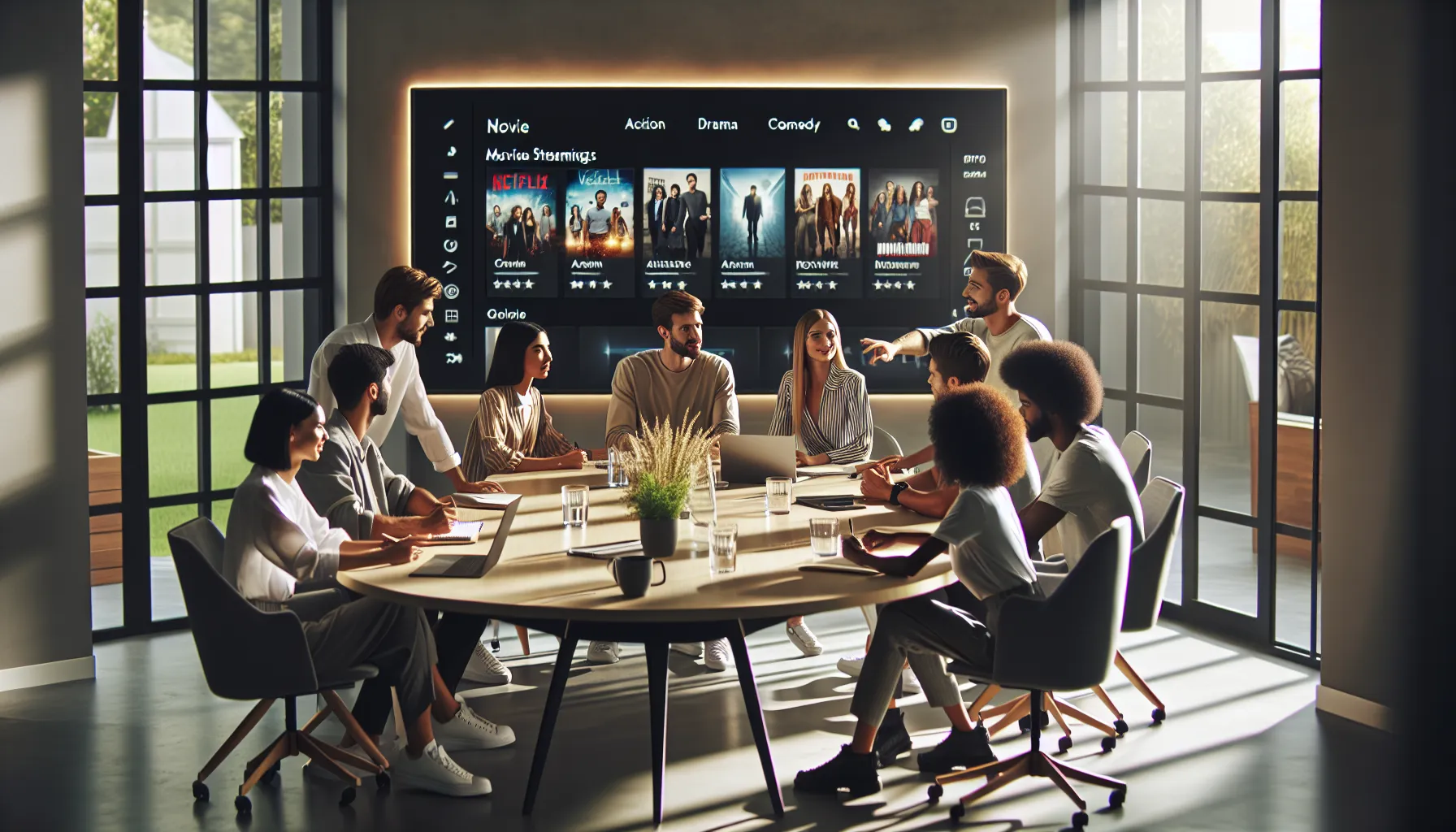 diverse team discussing movie streaming in a modern office.