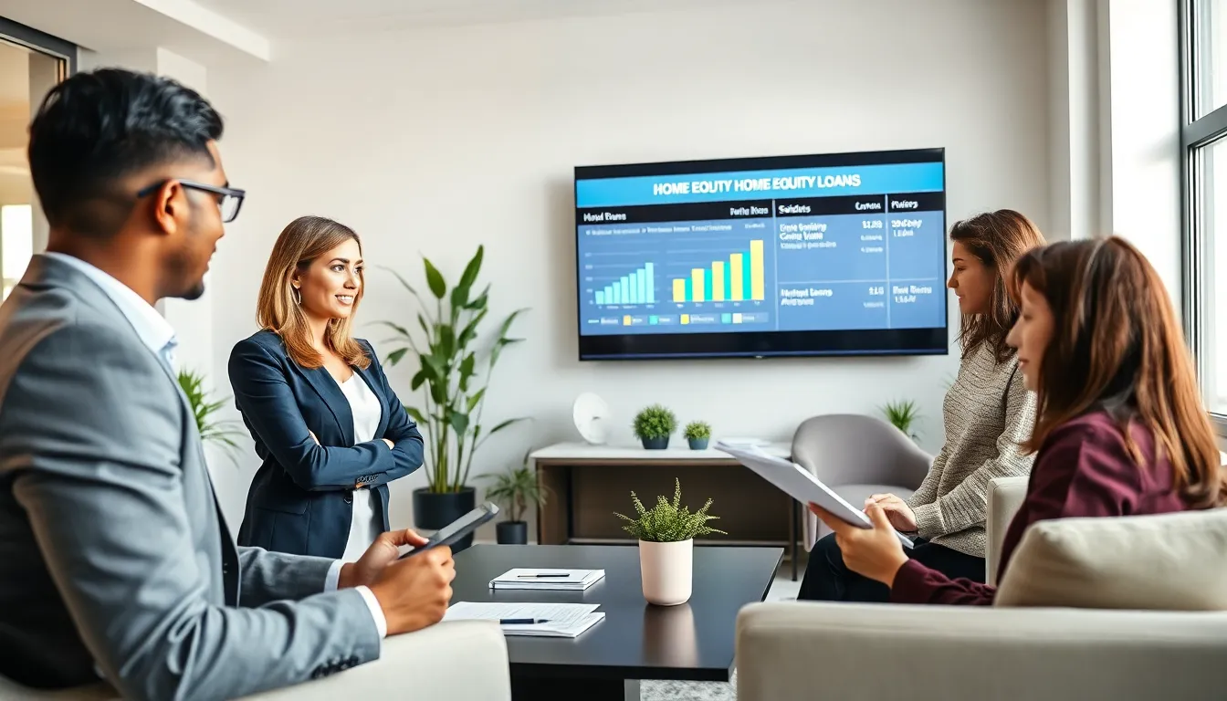 financial professionals discussing home equity loans in a modern office.